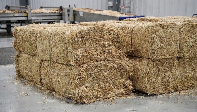Medium shot of bundled baled kenaf fibers postseparation process highlighting industrial sorting of core and bast components for natural fiber manufacturing.
