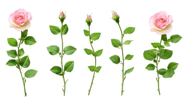 A set of pink rose stems with green leaves on transparent background
