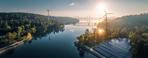 Aerial shot of solar farm and turbine near a forest lake, contrasting with a distant city skyline at bright sunrise, concept for renewable energy usage, ecological transition and climate action