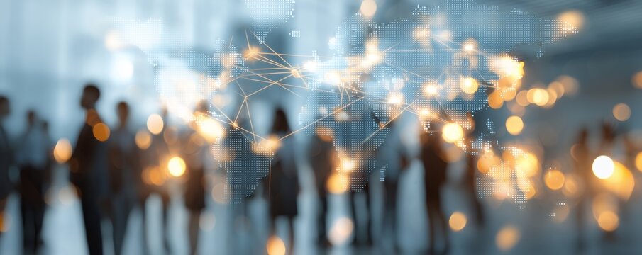 Global network connection map over blurred business executives in a modern office, concept for international commerce, data connectivity and financial technology innovation