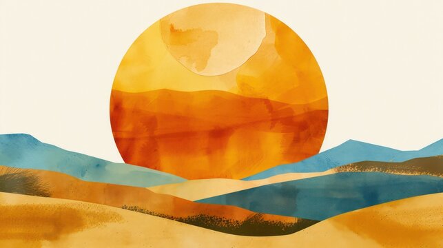 A vibrant watercolor landscape featuring a large orange sun setting over rolling hills and mountains