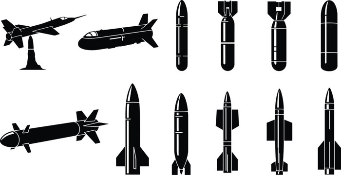 Missile silhouette vector, bomb icon illustration, military ordnance design, aerial weapon graphic, ballistic missile art, defense symbol, explosive silhouette emblem