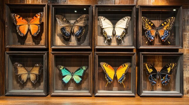 Preserved butterflies in wooden display cases