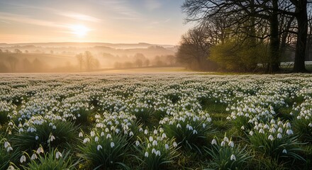 Field of snowdrops blooming at sunrise in a misty countryside landscape