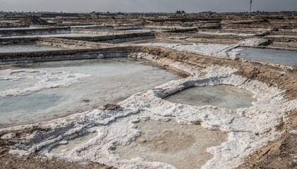 Medium shot capturing unlined solar evaporative salt ponds with natural earthen banks and varied salt crystallization patterns under diffuse sunlight.