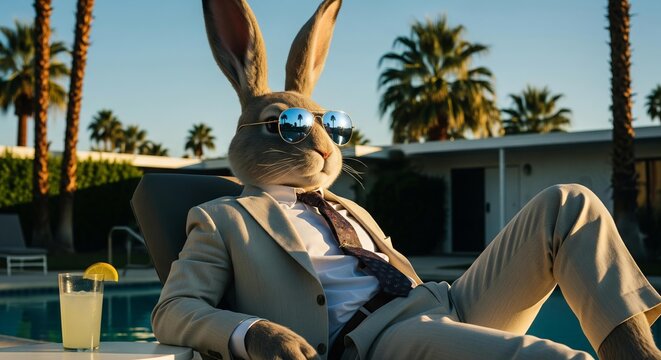 Anthropomorphic rabbit in a suit relaxes by a pool in the desert