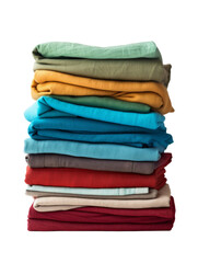Clothes stacked neatly on a wooden surface with a white background
