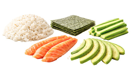 Sushi ingredients on a white background for making sushi rolls