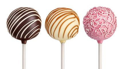 Colorful cake pops on sticks with white background