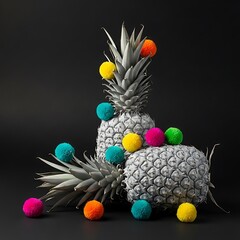 Pineapples with Colorful Pom-Poms on Dark Background.