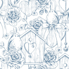 Birdhouses with birds, roses, bows, and hearts. Hand-drawn ink graphic line art illustration. Romantic seamless pattern in pastel colors for wedding and holiday decor and design. © NATASHA-CHU