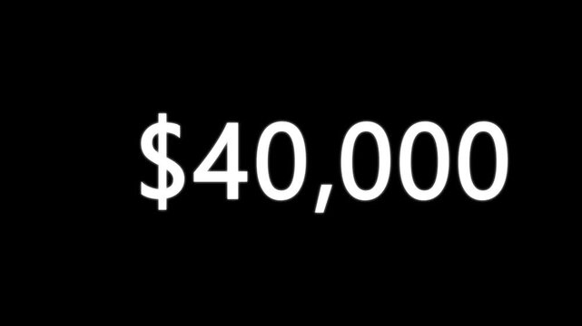 Money counter animation showing dollar value rising from 0 to 40,000 on black background. Count-up US dollar animation from 0 to 40,000 dollars.