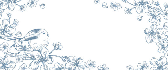 Apple blossoms with a bird on a branch. Hand-drawn ink graphic line art illustration. Horizontal rectangular frame with text template in pastel colors for wedding and holiday decor and design.