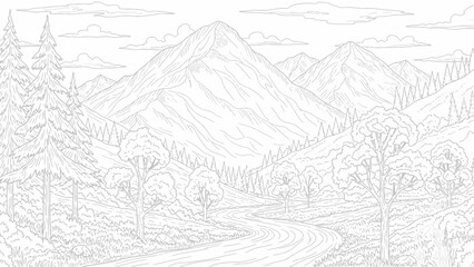 Obraz premium Hand drawn mountain landscape with a winding road and pine trees.