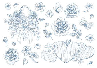 Birds with roses, hearts, and butterflies. Hand-drawn ink graphic line art illustration. A set of clip art stickers in pastel colors for wedding and holiday decor and design. © NATASHA-CHU