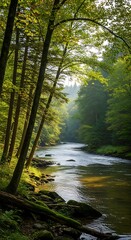 Serene River Flowing Through a Lush Green Forest.
