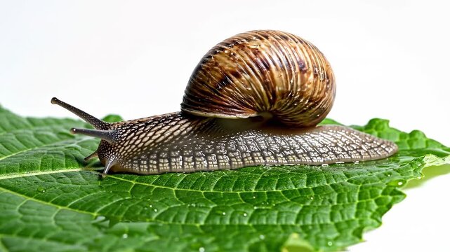 Snail slowly moving on green leaf