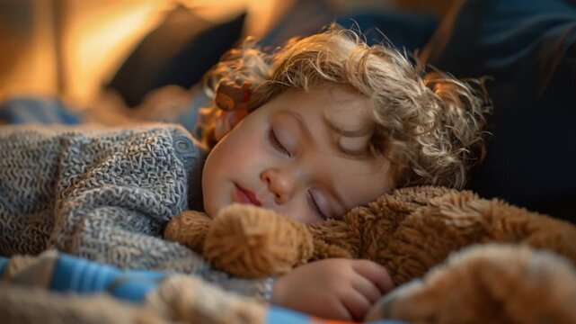 A curly-haired child snuggles a teddy bear tightly, asleep amidst a warm, cozy bedroom ambiance, surrounded by plush pillows, soft blankets, and gentle, warm lighting that envelops the peaceful scene
