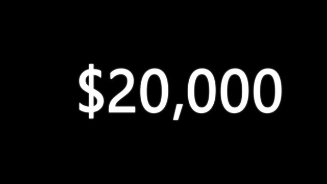 Money counter animation showing dollar value rising from 0 to 20,000 on black background. Count-up US dollar animation from 0 to 20,000 dollars.