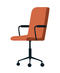 Fototapeta premium Stylized flat vector illustration of a contemporary burnt orange office chair in side view with dark charcoal base and casters, isolated on transparent background.