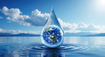 Fototapeta premium Earth inside a water drop on a serene lake