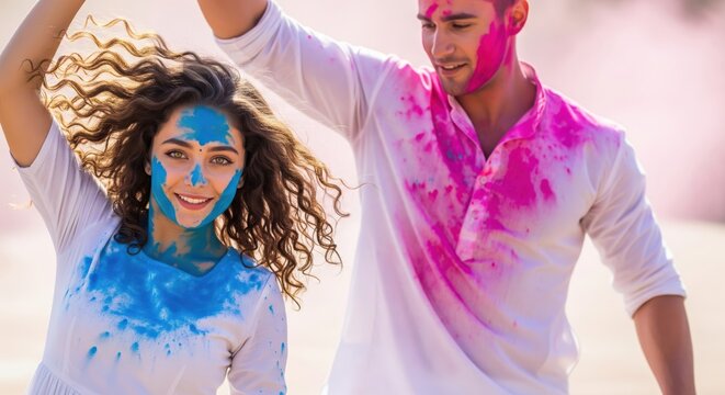Couple celebrating Holi festival with colorful powder on faces