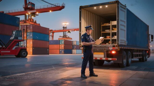 A customs officer verifies the shipment documents of a container truck parked at a busy port terminal surrounded by stacks of cargo containers and operational port equipment