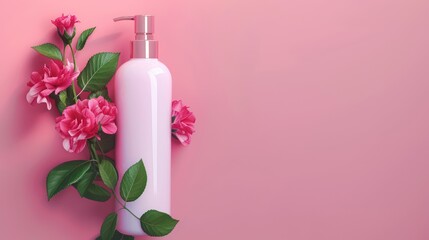A pink bottle surrounded by vibrant flowers on a soft pink background, creating a serene atmosphere