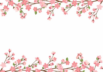 Pink cherry blossoms frame the top and bottom edges against a white background