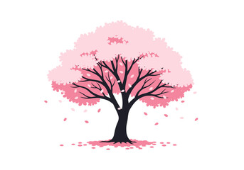 Obraz premium Stylized cherry blossom tree with dark trunk pink flowers and falling petals on white