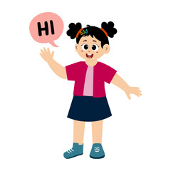 Obraz premium Cute little kid saying hi, vector illustration. Little kid saying hai