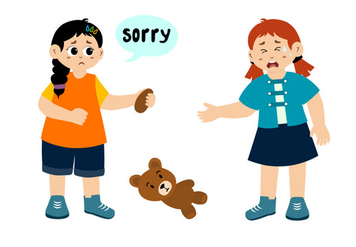 Cute little kid apologizing, vector illustration. Little kid saying sorry