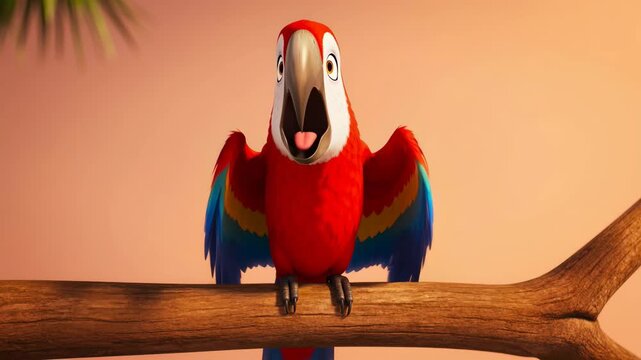 Animated macaw parrot character perched on branch with open beak and surprised expression against a warm background