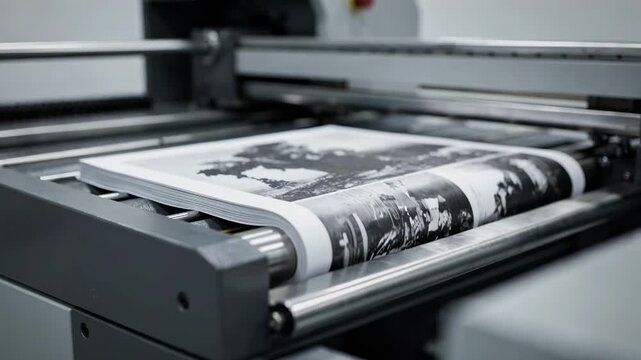 Modern digital press producing grayscale books with detailed page output in focus and machine edges gently out of focus for depth effect.