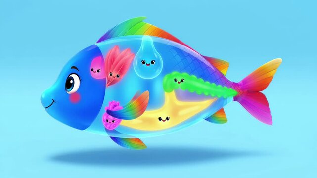 Educational animation of a colorful cartoon fish internal organs displayed on light blue background