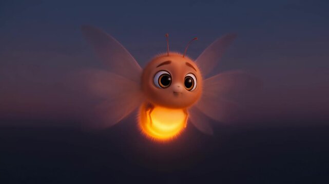 Charming animated firefly character glows softly against a dark sky background,perfect for childrens storytelling and whimsical projects