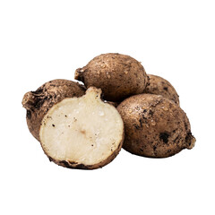 A close-up shot of several fresh jicama roots, one cut open to show its crisp, white interior, isolated on a clean white background