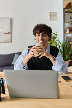 Young man enjoys coffee while working in a stylish apartment filled with greenery
