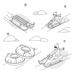 Winter Fun - Children Enjoying Sledding and Snow Tubing Activities.