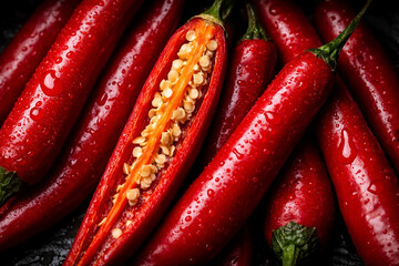 A high-detail close-up of fresh red chili peppers with water droplets, featuring one sliced open to reveal bright orange flesh and pale seeds against a dark background.
