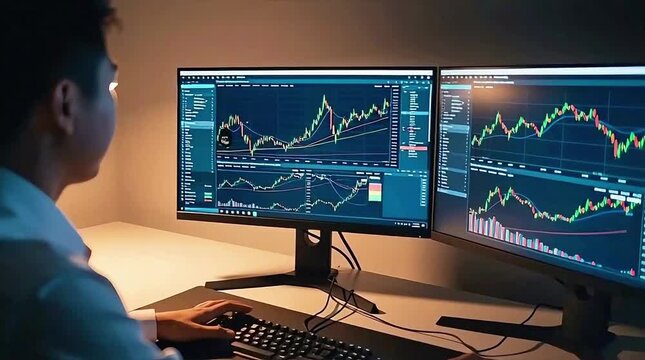 Asian financial analyst monitoring market volatility on trading screens