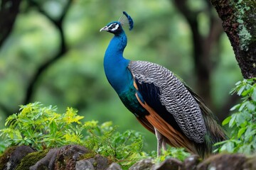 Obraz premium Peacock standing on rock in lush green forest