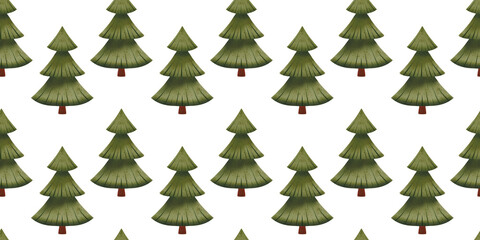 Obraz premium Seamless pattern with hand drawn green trees. Children's watercolor illustration of evergreen fir trees for your design, print, fabric