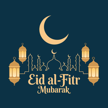 A stylized eid al fitr mubarak illustration featuring a crescent moon lanterns and a city skyline