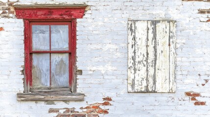 Obraz premium Aged brick wall with red window & weathered shutters