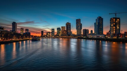 Obraz premium A vibrant city skyline during sunset, reflected in calm waters, showcasing modern architecture