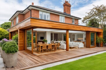 Modern home extension with wooden deck and sliding glass doors