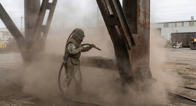 Worker in protective suit sandblasting industrial metal frame