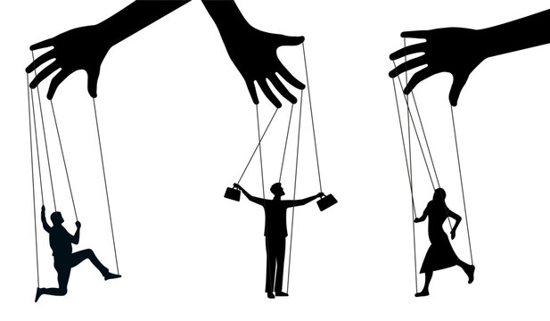 The puppet.  A hand-operated human doll on a white background, vector. Black and white image.