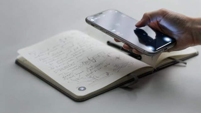 Medium shot of a smart notebook with an embedded NFC tag being tapped by a smartphone showcasing seamless digital note app syncing and quick access to handwritten content.